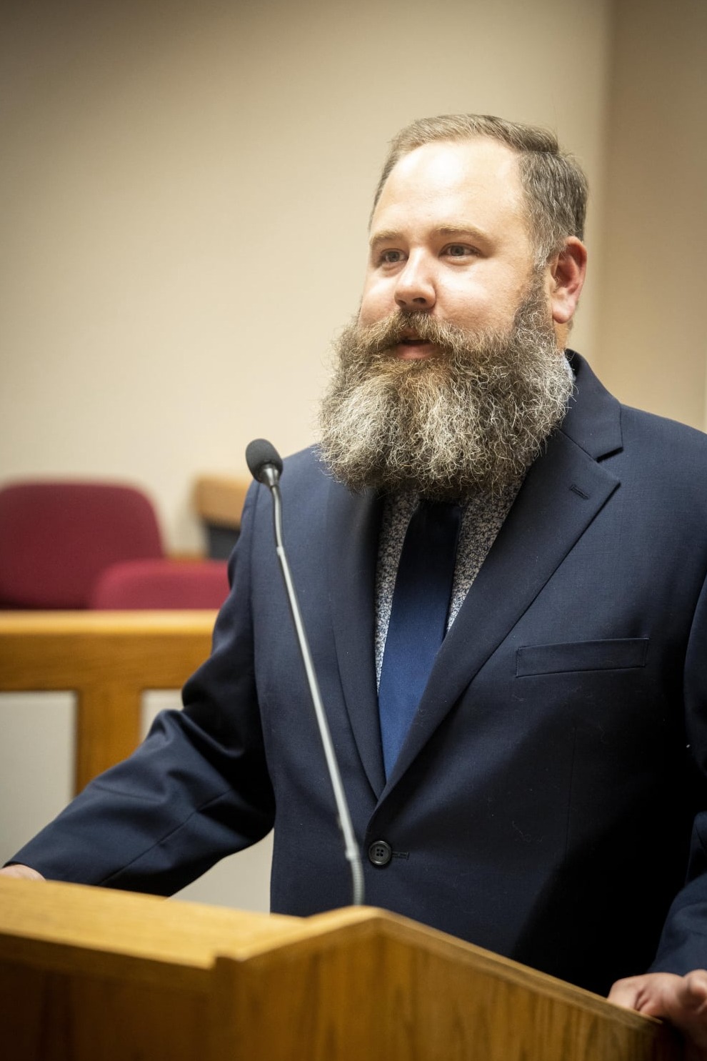 Attorney M. Tyler Daniels at the podium in court